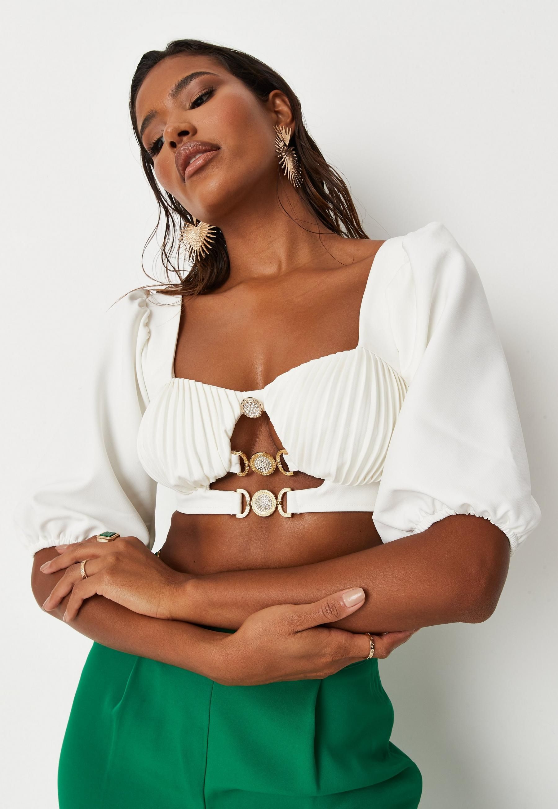 White Cupped Diamante Front Crop Top | Missguided (UK & IE)