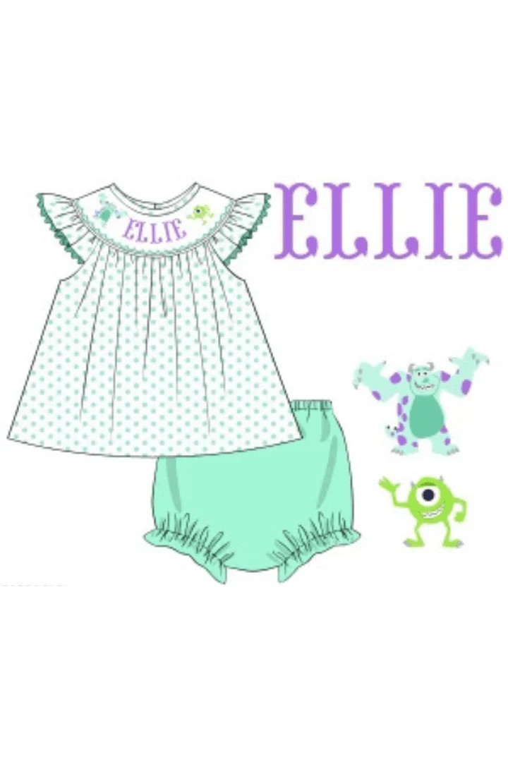 Pre-Order Hand Smocked Custom Name Monsters Mint Bloomer Set | The Smocked Flamingo