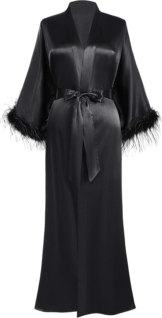 PRODESIGN Satin Kimono Robe Long Bath Robe with Ostrich Feather Trim Sleepwear Wedding Bridesmaid... | Amazon (US)