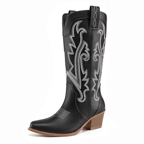 Athlefit Cowboy Boots for Women Vintage Embroidered Country Western Cowgirl Boots Low Chunky Heel Pointed Toe Mid Calf Boots, Black, Size 6.5, AD00533 | Amazon (US)