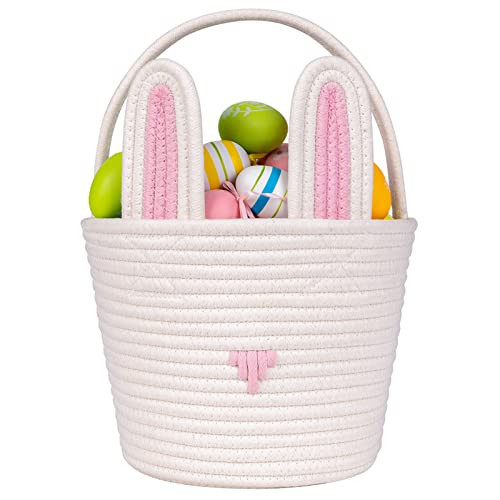 CubesLand Easter Bunny Basket Easter Buckets for Kids with Ear, Easter Egg Hunt Basket Bags Easter Gifts for Girls Baby Kids Children Pink White 9.8 x 7.8 x 7.8” | Amazon (US)