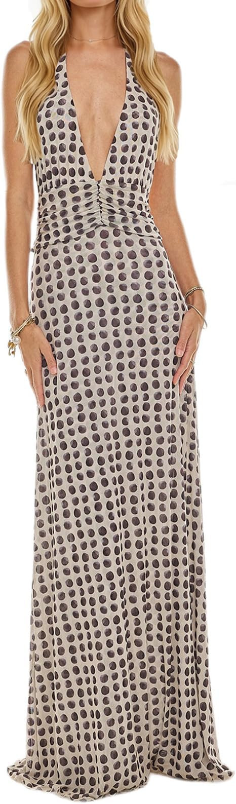 Womens Halter Floral Maxi Dress Deep V Neck Backless Bodycon Long Dresses Y2k Formal Cocktail Goi... | Amazon (US)