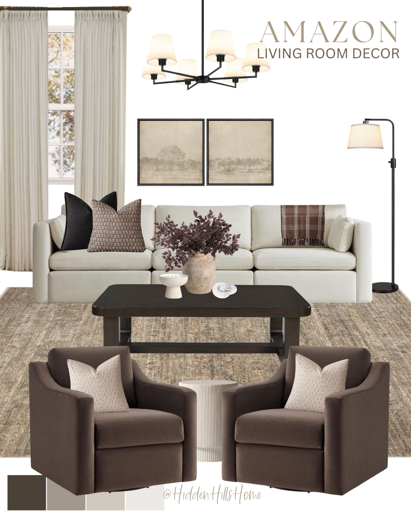 Amazon living room decor mood board! Cozy living room design with affordable furniture, affordable home decor, coffee table, living room rug, swivel chairs 

#LTKHome #LTKStyleTip #LTKSaleAlert