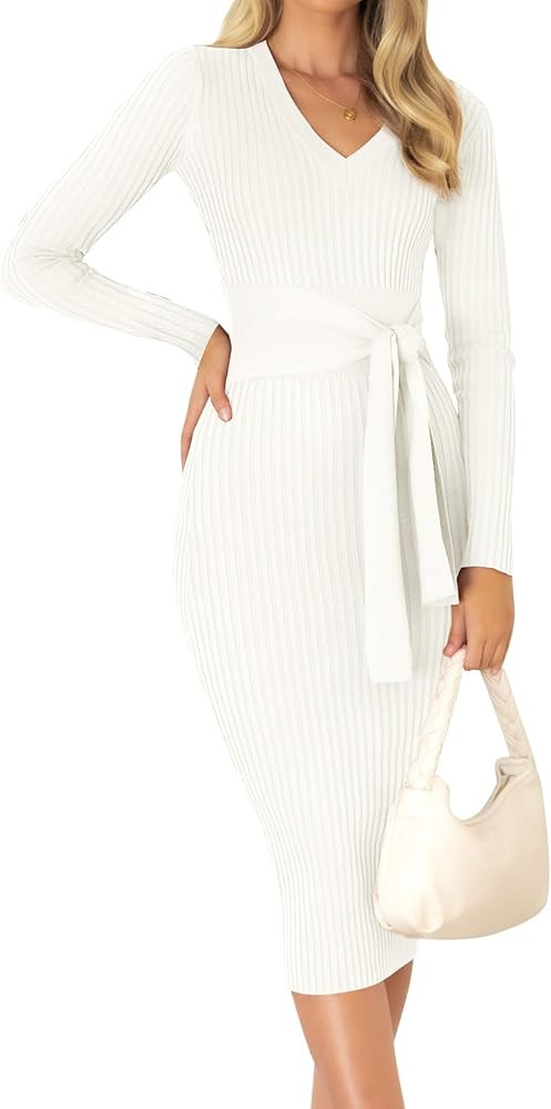 ZESICA Women's Spring Sweater Dress V Neck Long Sleeve Ribbed Knit Tie Waist Slim Fit Bodycon Mid... | Amazon (US)