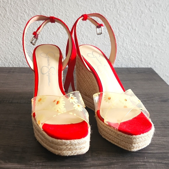 Jessica Simpson Red Floral Wedge Sandals | Poshmark