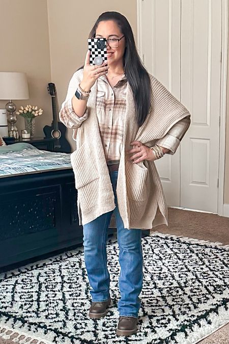 fall outfit | winter outfit | outfit inspo | sweater cape | flannel shirt | bootcut jeans | combat boots | lace up boots | casual style | classic style 

#LTKfindsunder50 #LTKsalealert #LTKSeasonal