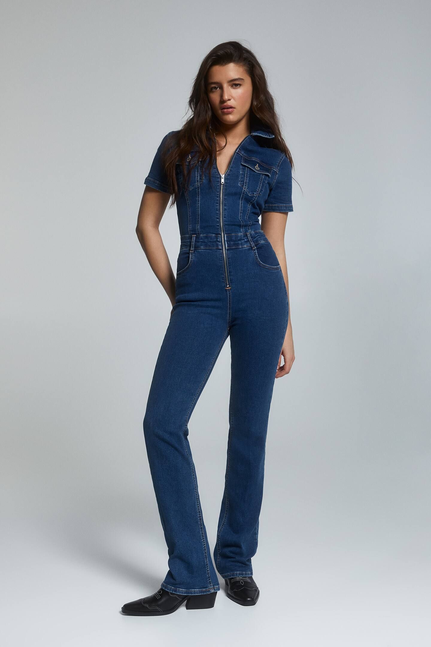 Denim jumpsuit with short sleeves | PULL and BEAR UK