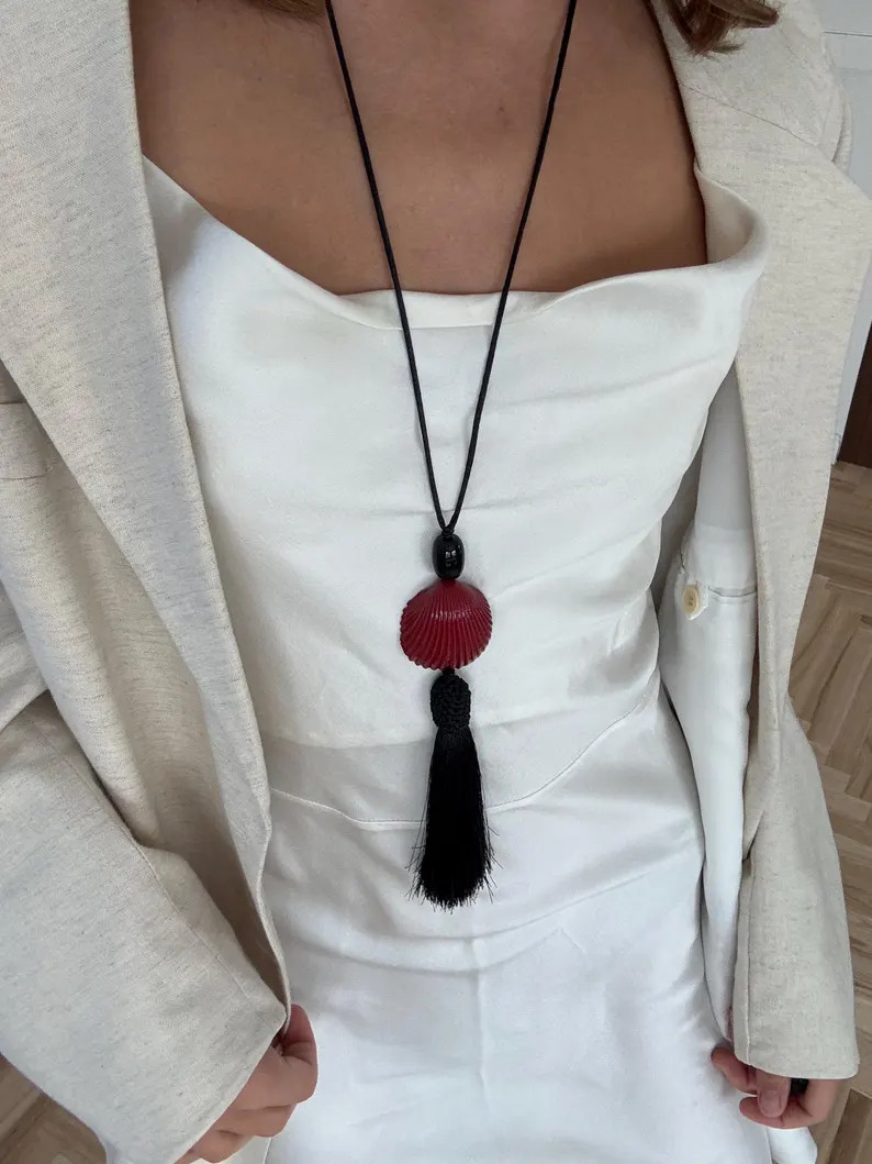 Necklace with black gemstone, red shell and tassel | ONYX | Etsy (US)