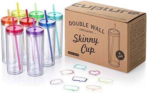 Cupture Skinny Acrylic Tumbler Cups with Straws - 18 oz, 8 Pack (Assorted Colors) | Amazon (US)