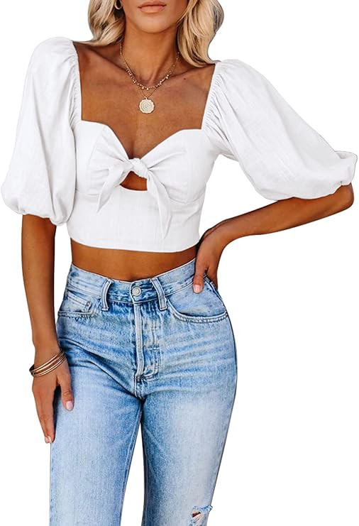 Kikula Women's Off The Shoulder Tops Sexy Tie Front Short Puff Sleeve Crop Top Blouse | Amazon (US)