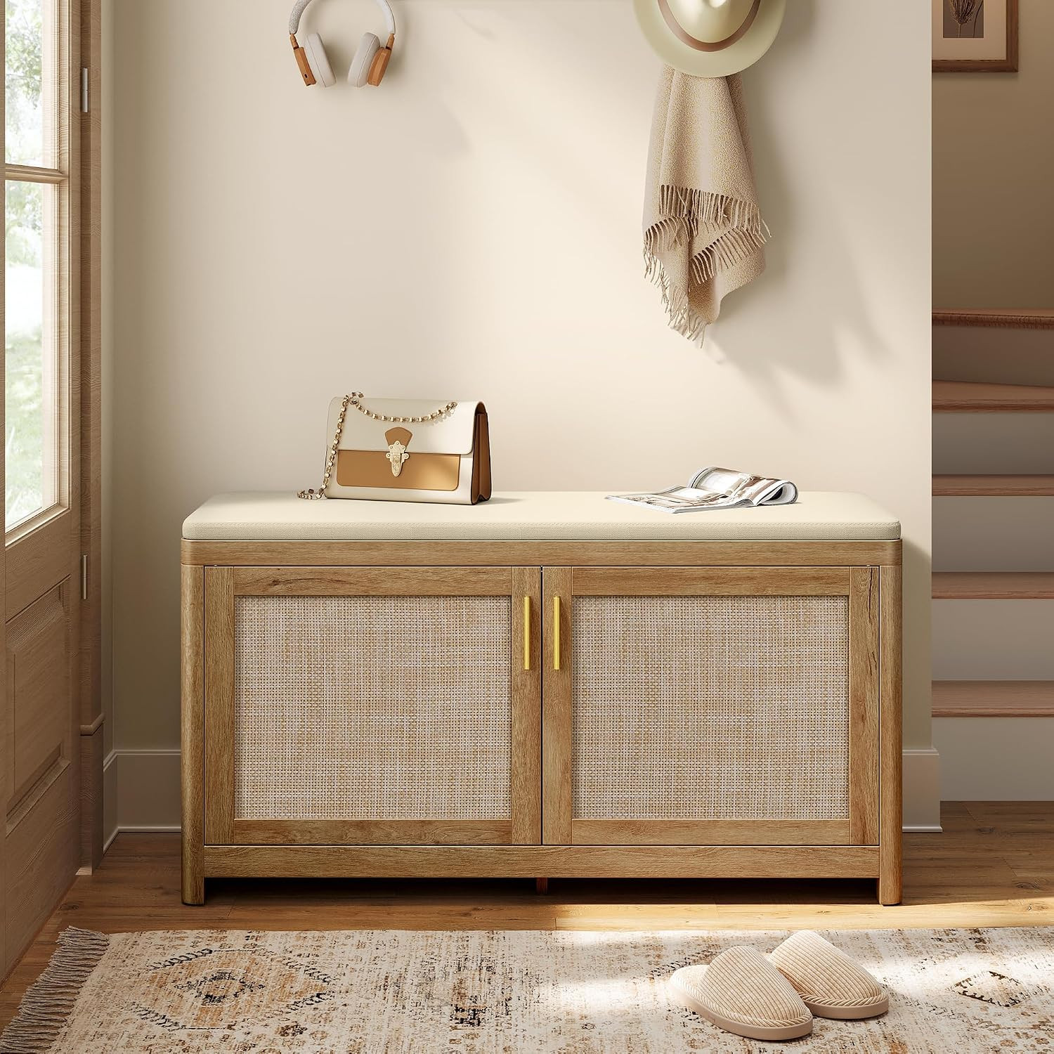 VASAGLE Boho Shoe Bench with Cushion, 2 Rattan-Look Cabinet Doors | Amazon (US)
