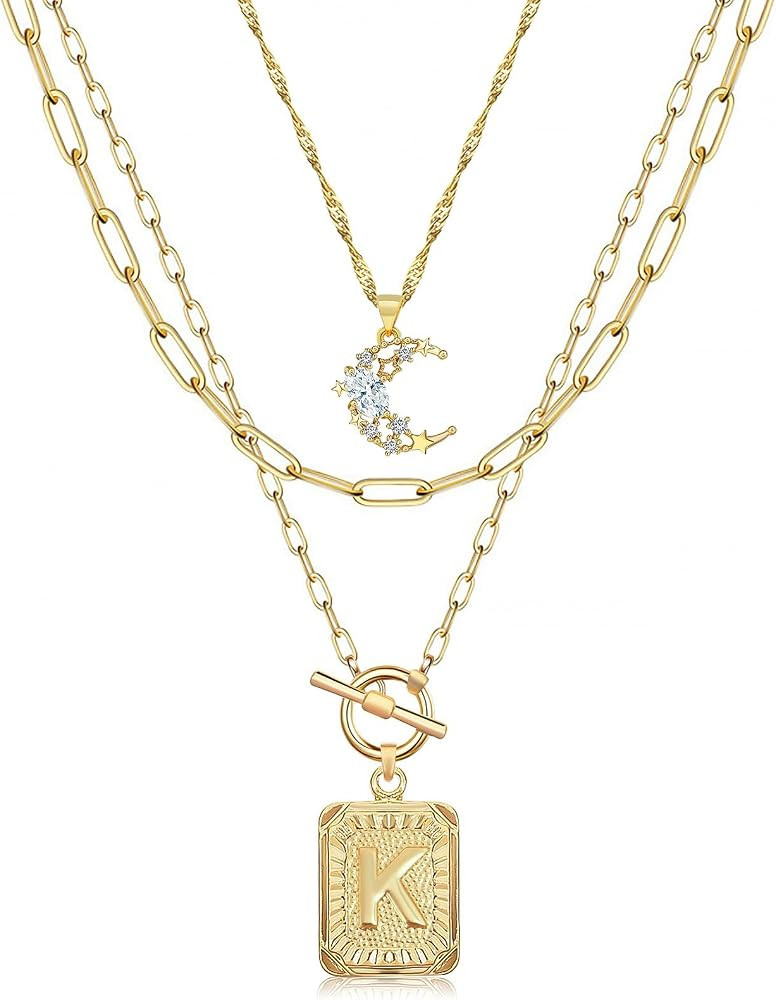 MJartoria Layered Initial Necklaces for Women Trendy, 14K Gold Plated Simple Moon Choker Square L... | Amazon (US)