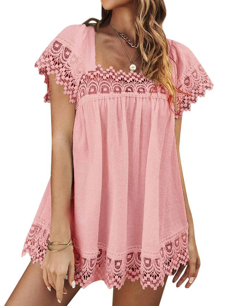 HUBERY Women Crochet Cutout Square Neck Solid Color Short Sleeve Top | Walmart (US)