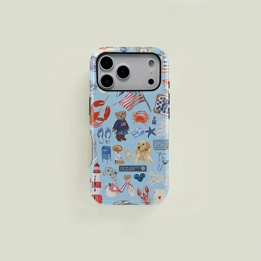 Compatible with iPhone 17 Pro Max to 12 Phone Case, Blue Ocean Element Patchwork Coastal Retro Pr... | Amazon (US)