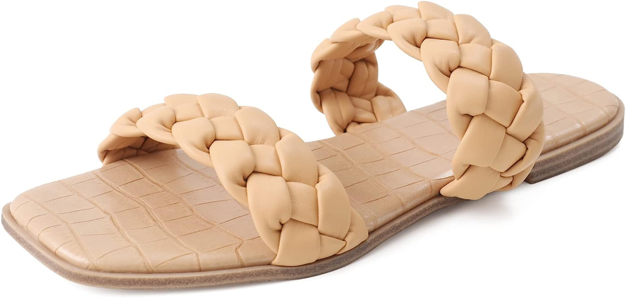 LACUONE Braided Flat Slide Sandals for Women Slip On Square Open Toe Woven Strap Sandals | Amazon (US)