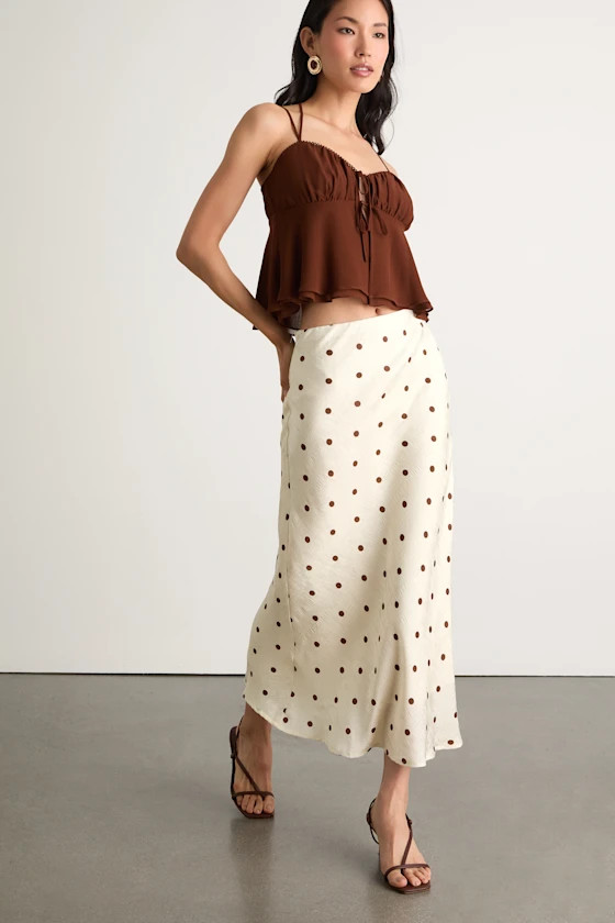 Shalia Ivory and Brown Polka Dot Midi Skirt | Lulus