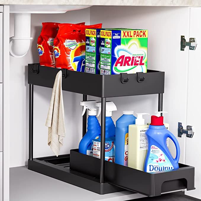 GODDSEVOES Storage Pull, 2 Tier Under-Sink Drawer 4 Hook 1 Cup, Black Under Sliding Cabinet Baske... | Amazon (US)