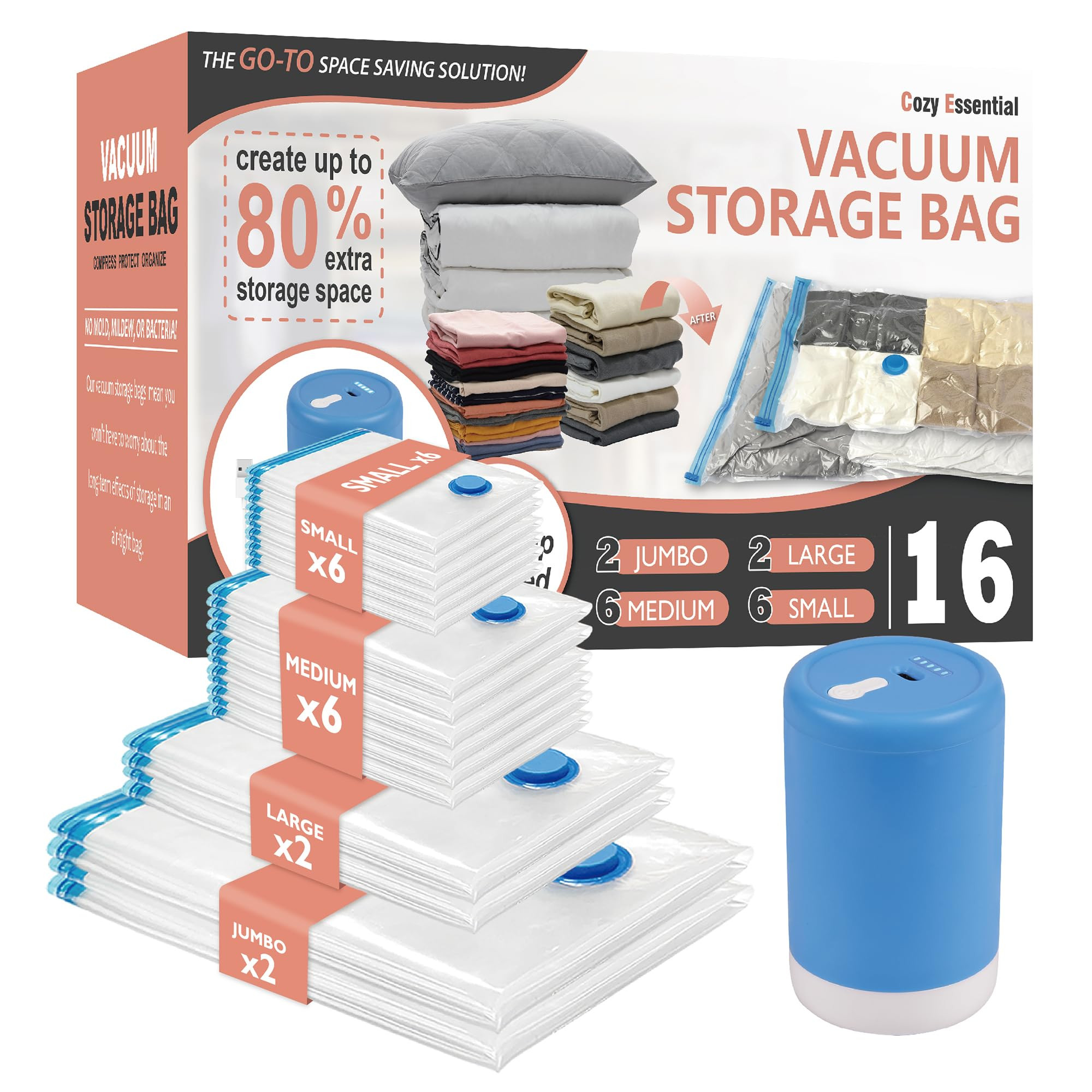Cozy Essential 16 Pack Vacuum Storage Bags with Electric Pump, Vacuum Seal Space Saver Bags for C... | Amazon (US)
