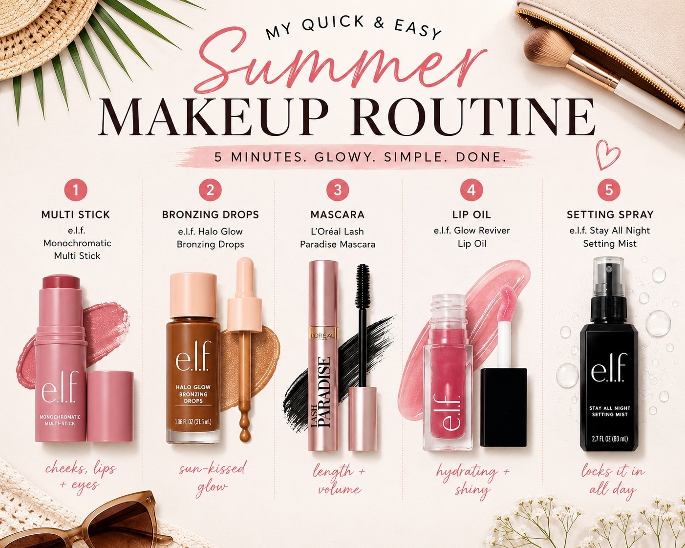 When it’s hot outside, I want makeup that feels lightweight, looks glowy, and takes almost no time to put on. These are the products I’ve been reaching for all summer!

Simple, affordable, and perfect for busy mornings.