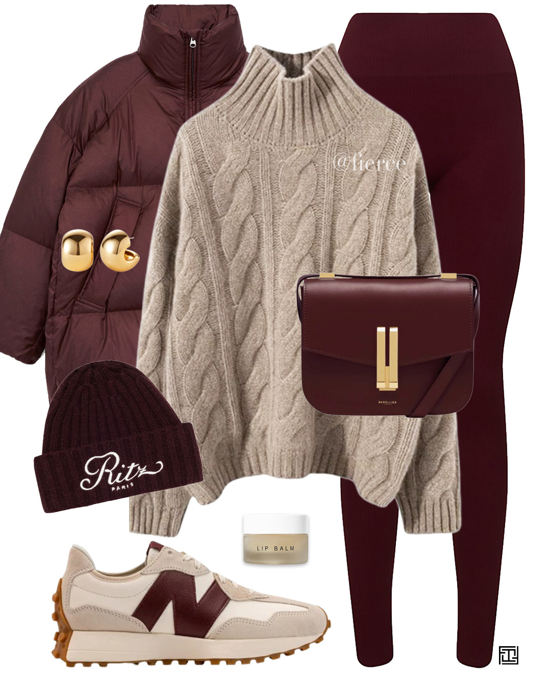 burgundy puffer jacket burgundy leggings cable knit jumper burgundy cross body bag new balance 327 sneakers burgundy beanie hat christmas market weekend travel school run shopping look 

 #LTKuk #LTKautumn #LTKwinter