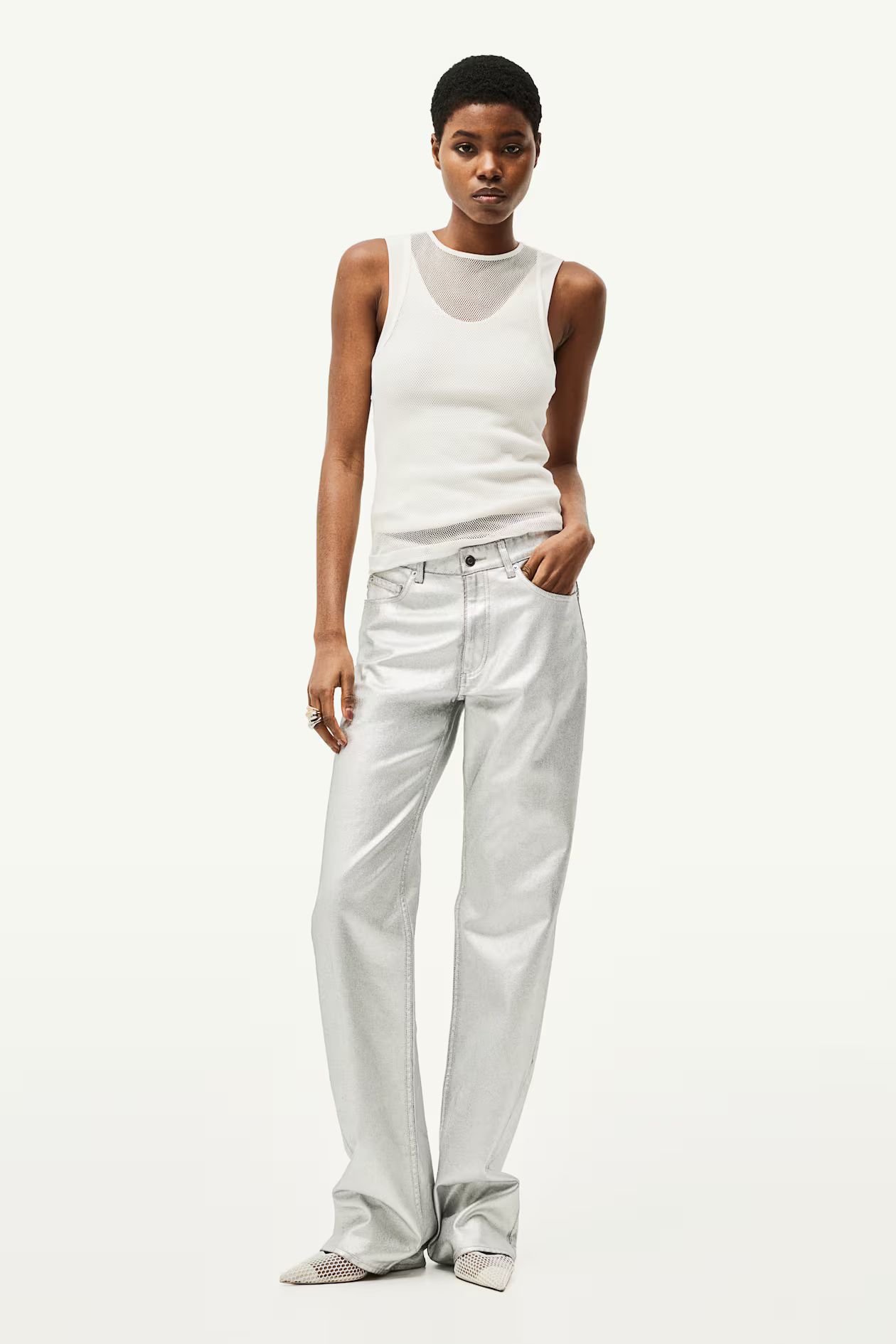 Coated Straight Regular Jeans - Vita normale - Lungo - Argentato - DONNA | H&M IT | H&M (FR & IT & ES)