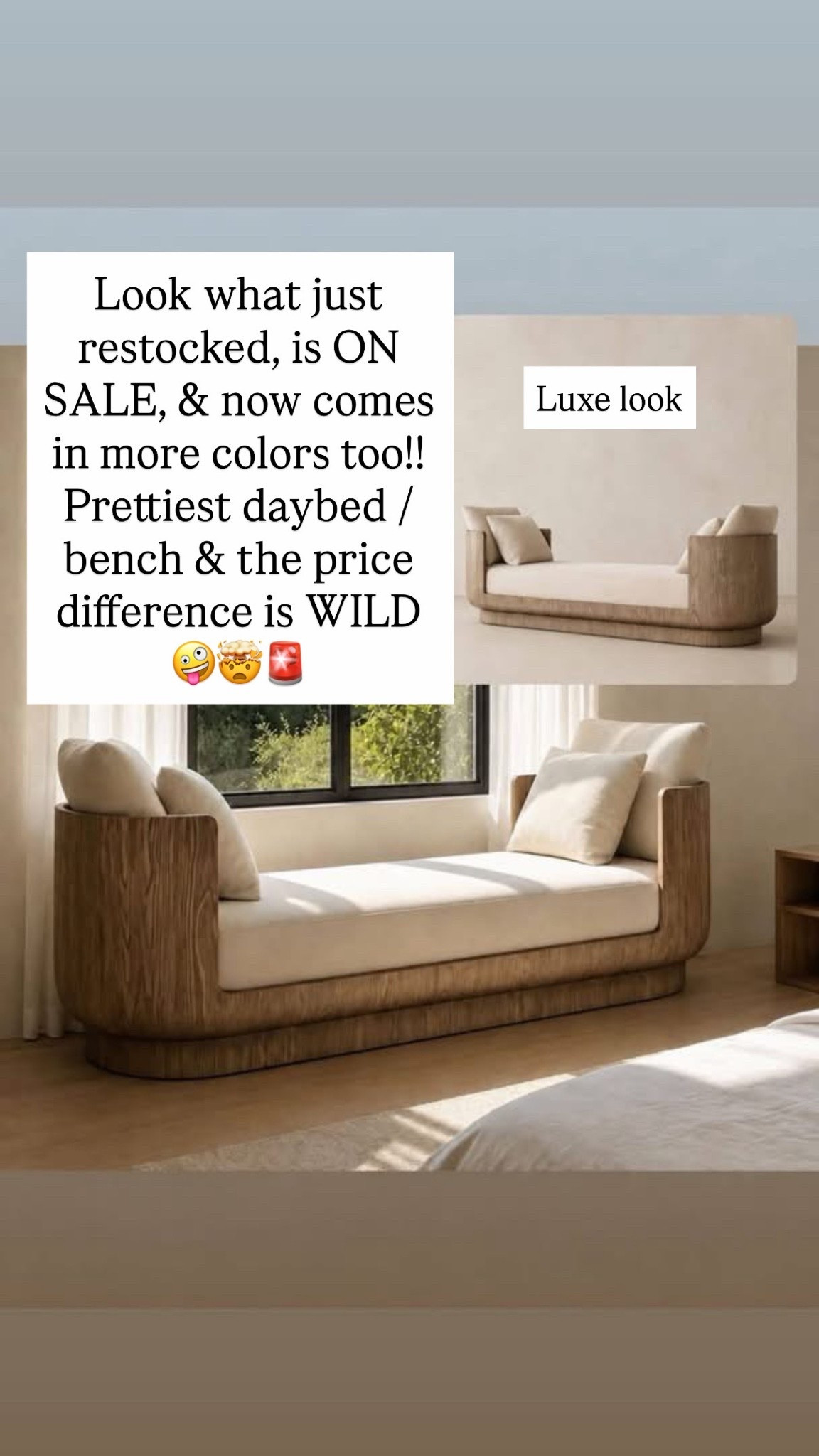 Look what just restocked, is ON SALE, & now comes in more colors too!! Prettiest daybed / bench & the price difference is WILD 🤪🤯🚨