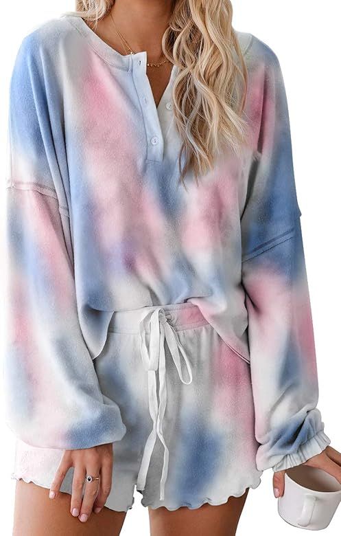 Women's Tie-Dye Pajama-Sets Long-Sleeve Tee Tops and Ruffle Short PJ Set Loungewear Nightwear Sle... | Amazon (US)