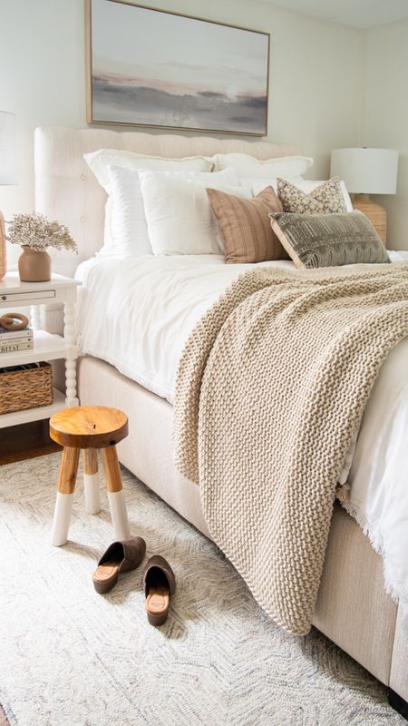 Neutral, coastal style bedroom decor, throw blankets, decorative stools, decorative throw pillows, side table, and more coastal home decor

#LTKhome #LTKfamily