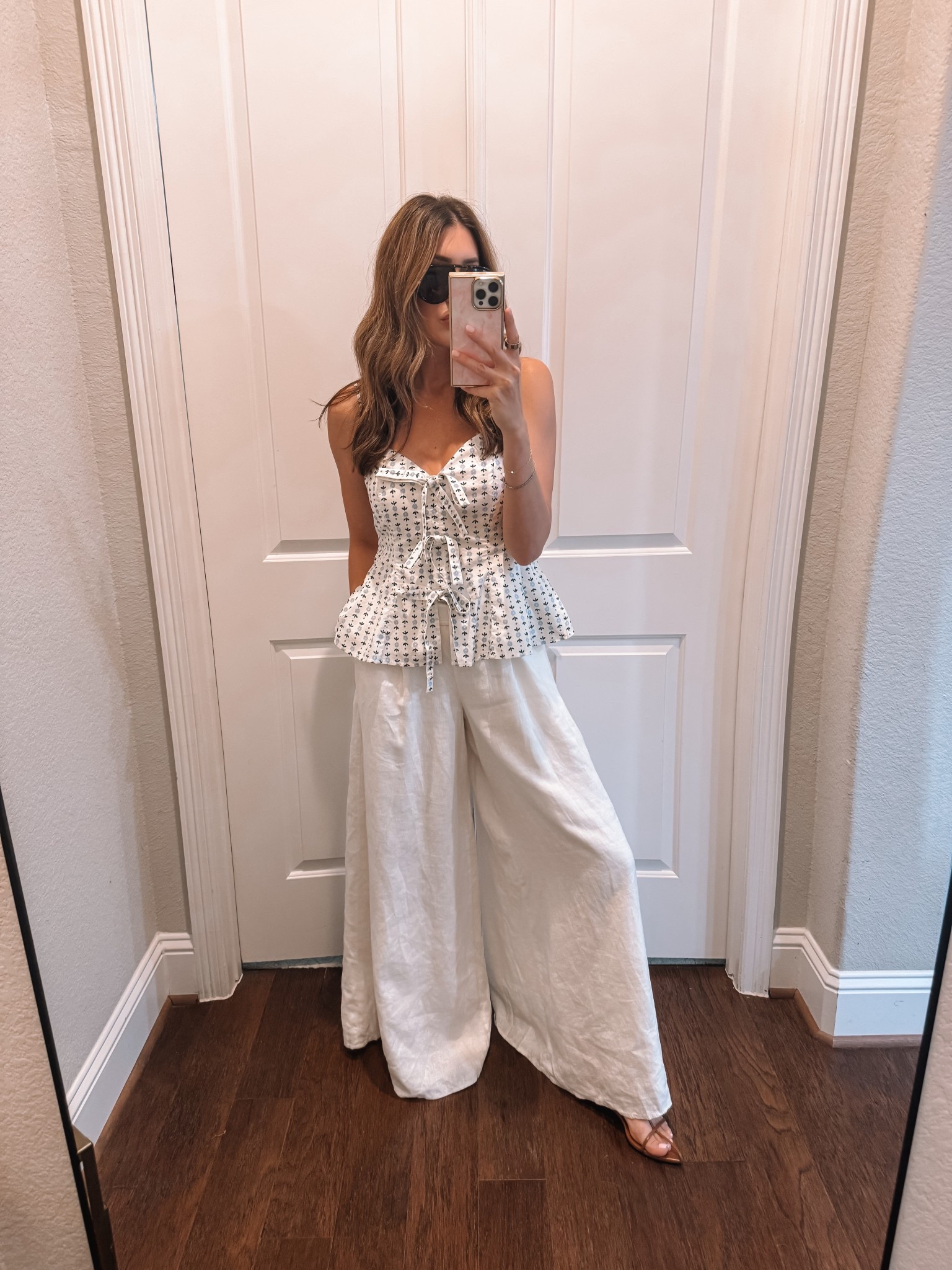 4 in top, exact pants are old but linked a pair that’s basically identical!