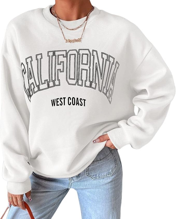 Mutumobo Women Oversized California Letter Graphic Fleece Sweatshirt Long Sleeve Crewneck Drop Sh... | Amazon (US)