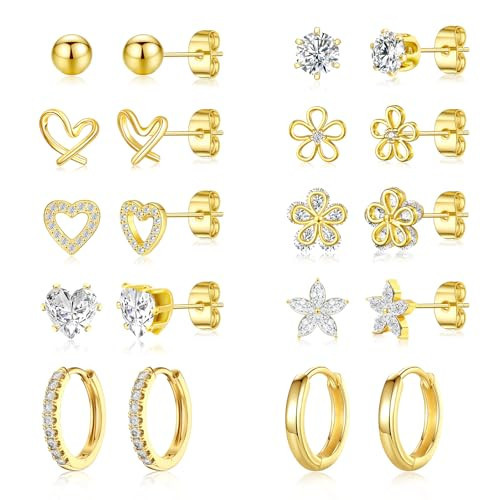 Small Gold Stud Earrings Set for Women - 14K Gold Plated CZ Huggie Hoops Hypoallergenic Earrings Dainty Flower Heart Stud Earring for Jewelry Gift | Amazon (US)