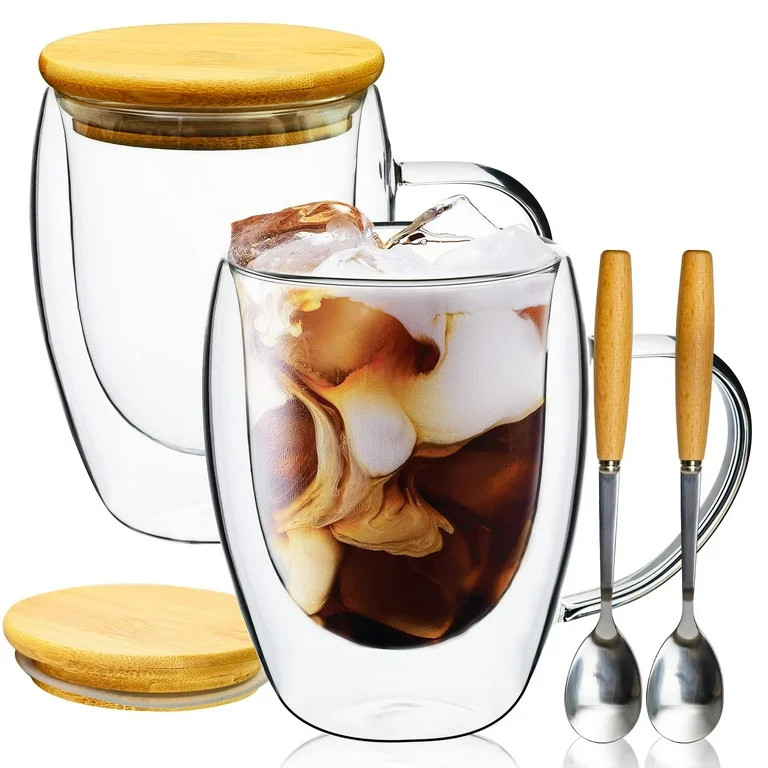 Baalaka Glass Coffee Mugs Set of 2 with Bamboo Lid/Spoon, Double Wall Insulated Clear Tea Cups 12... | Walmart (US)