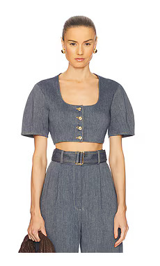 MATTHEW BRUCH Apron Puff Sleeve Crop Top in Denim from Revolve.com | Revolve Clothing (Global)