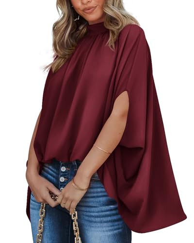 BTFBM Womens Summer Tops 2025 Fall Mock Neck Batwing Sleeve Shirts Loose High Low Hem Oversized Dressy Casual Blouses(Wine Red, Small) | Amazon (US)