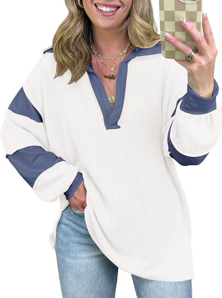 Onedreamer Womens Oversized Long Sleeve Shirts 2024 Color Block V Neck Sweatshirt Casual Loose Fa... | Amazon (US)
