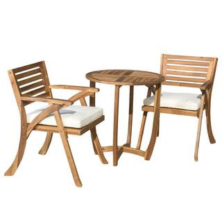 Coronado Teak Brown Finish 3-Piece Wood Round Outdoor Bistro Set with Cream Cushions | The Home Depot