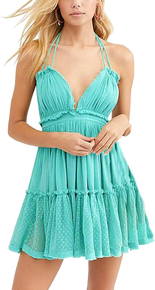 R.Vivimos Womens Summer Halter Deep V Neck Sexy Patchwork Mini Short Dresses | Amazon (US)
