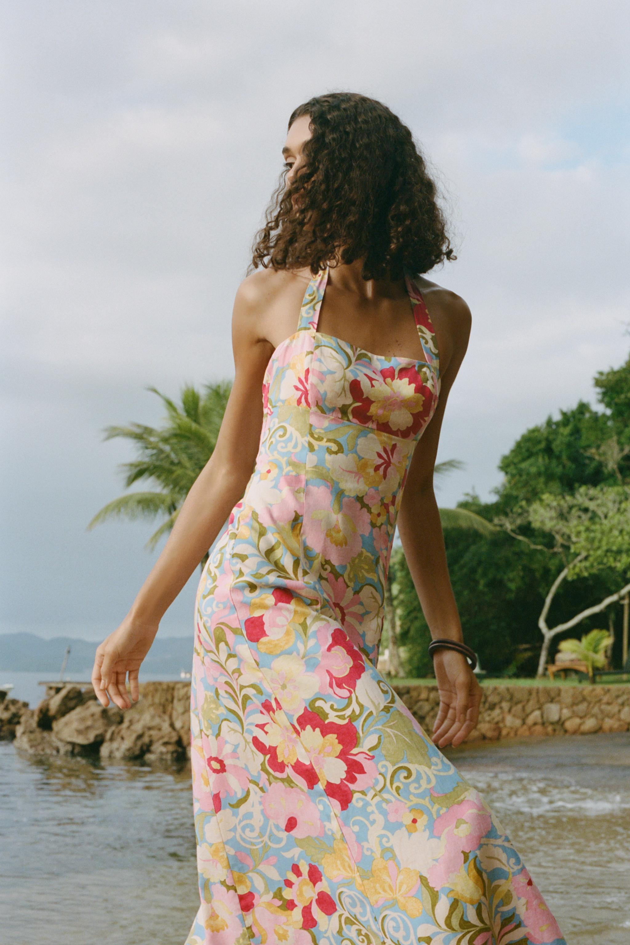 PRINTED LINEN MIDI DRESS | Zara US