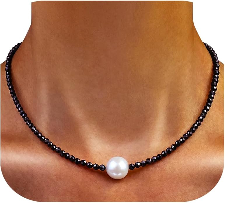 Single Pearl Choker Pendant Necklaces for Women, Natural Gemstone Womens Black Stone Beaded Choke... | Amazon (US)