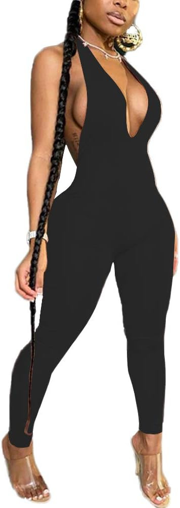 LuFeng Women's Sexy Bodycon Halter Deep V Neck Backless Party Long Jumpsuits Romper | Amazon (US)