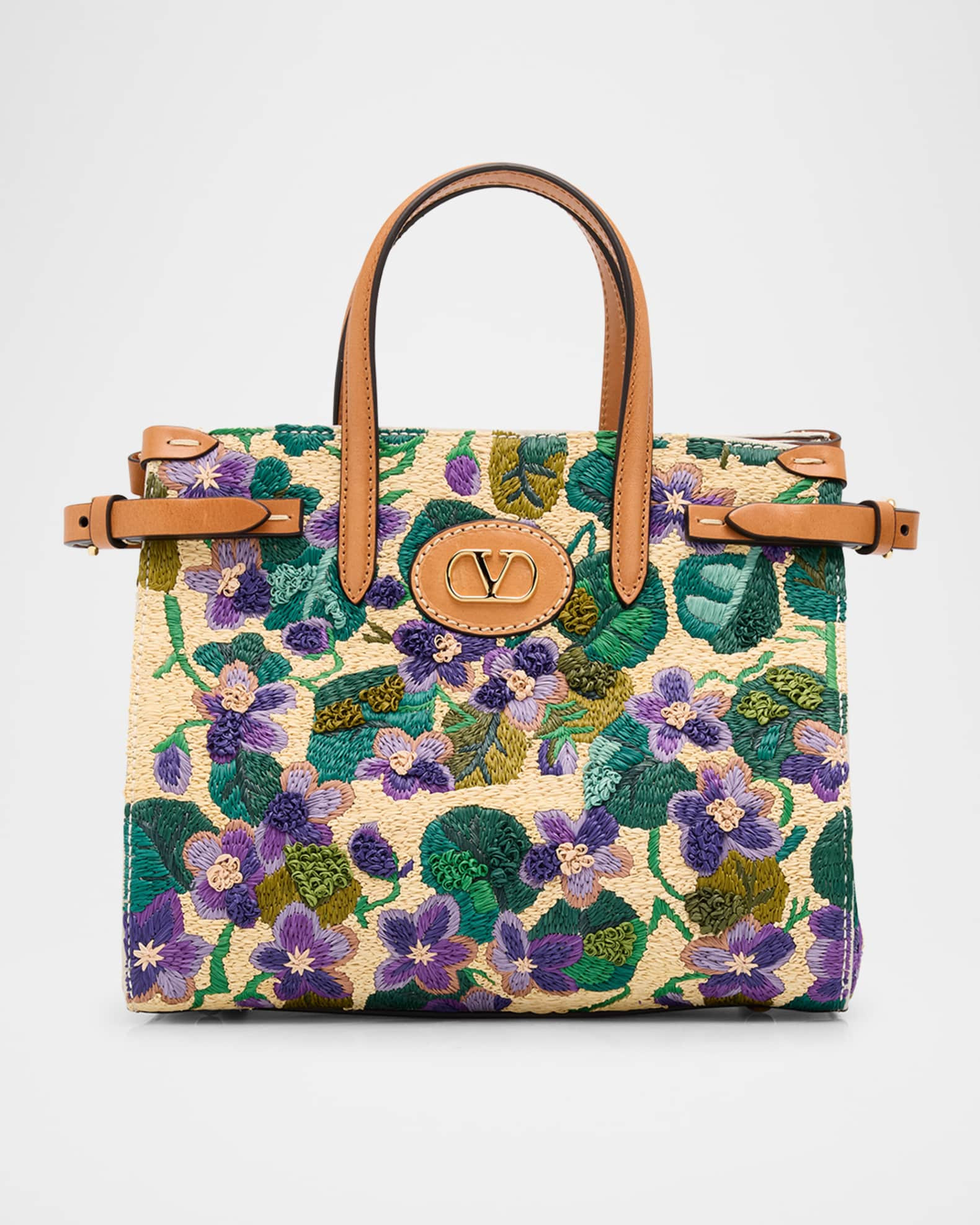 Antibes Small Violet Flower Raffia Tote Bag | Neiman Marcus