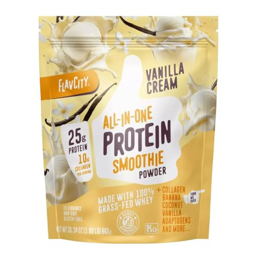FlavCity Vanilla Protein Shake Powder with Collagen Peptides, Reishi & Cordyceps Mushrooms - Focus, Skin, Hair & Joint Support - 100% Grass Fed Whey All in One Smoothie, 20 Servings | Amazon (US)