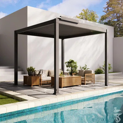 Motorized Aluminum Louvered Pergola With Solar Rain Sensor And Integrated LED Lights | Wayfair North America