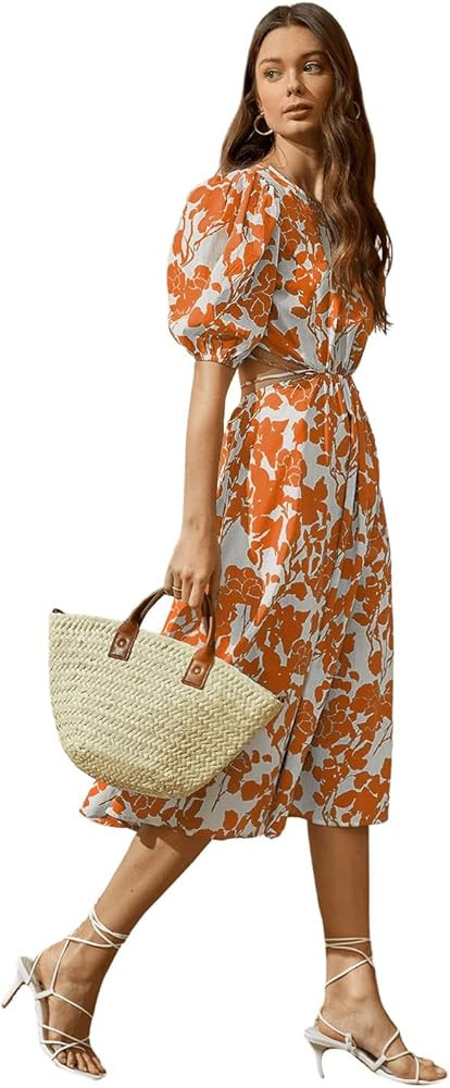 SweatyRocks Women's Boho Floral Puff Sleeve Cut Out Dress Tie Back A Line Midi Dresses | Amazon (US)