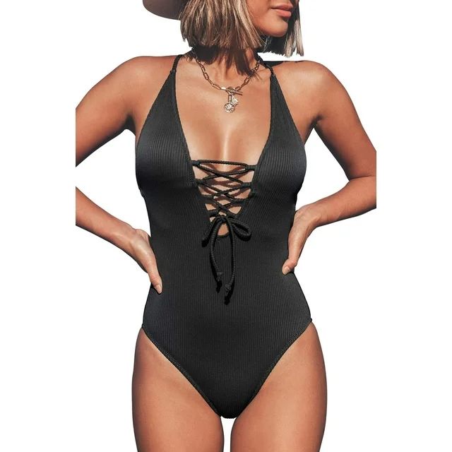 Cupshe Women's Black V Neck Vacation One Piece Swimsuit Lace up Monokini, S | Walmart (US)