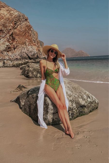 Resort outfit idea 
Loving the cutout in this green one piece
Beach hat and beautiful cover-ups
Everything fits true to size 
#LTKFind

#LTKswim #LTKSeasonal #LTKover40