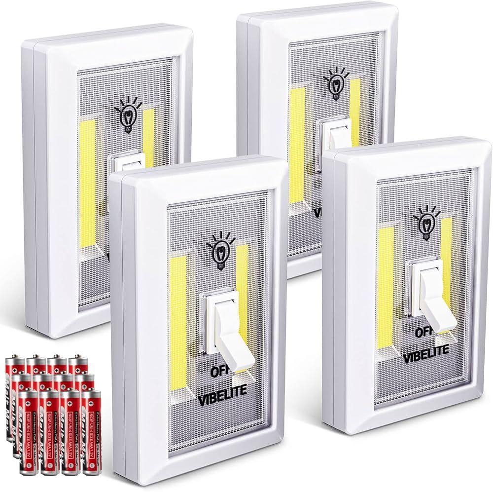 VIBELITE LED Night Light Switch, 12 Total Batteries Included, 200 Lumen Wireless COB LED Switch Light, Under Cabinet, Shelf, Closet, Garage, Kitchen, Stairwell and Emergency, Battery Operated, 4 Pack | Amazon (US)