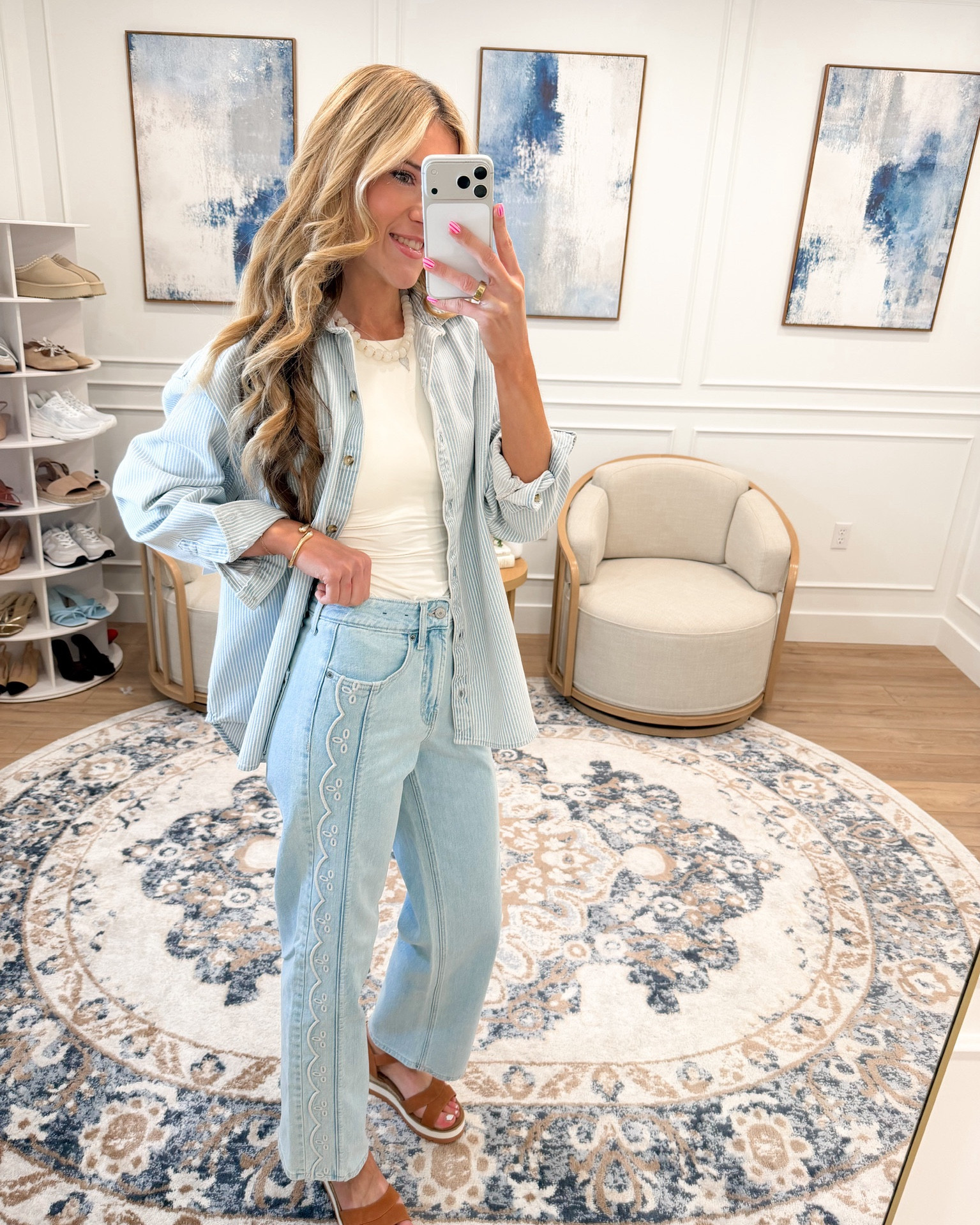 Old Navy finds that are so good right now and these light wash eyelet embroidered jeans stopped me completely in my tracks 🤍✨ The most beautiful scalloped eyelet embroidery running down the front seam, light wash denim, a relaxed straight leg — the detail on these jeans is so unexpected and so special for Old Navy. Paired with a white tank and a blue striped button down and this whole look is effortlessly spring.

#LTKSeasonal #LTKTall #LTKootd