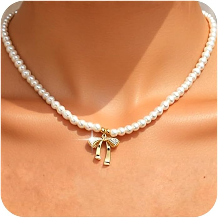 Sonateomber Gold Pearls Bow Charm Choker Necklaces for Women, Dainty Ribbon Pendant Pearl Necklac... | Amazon (US)