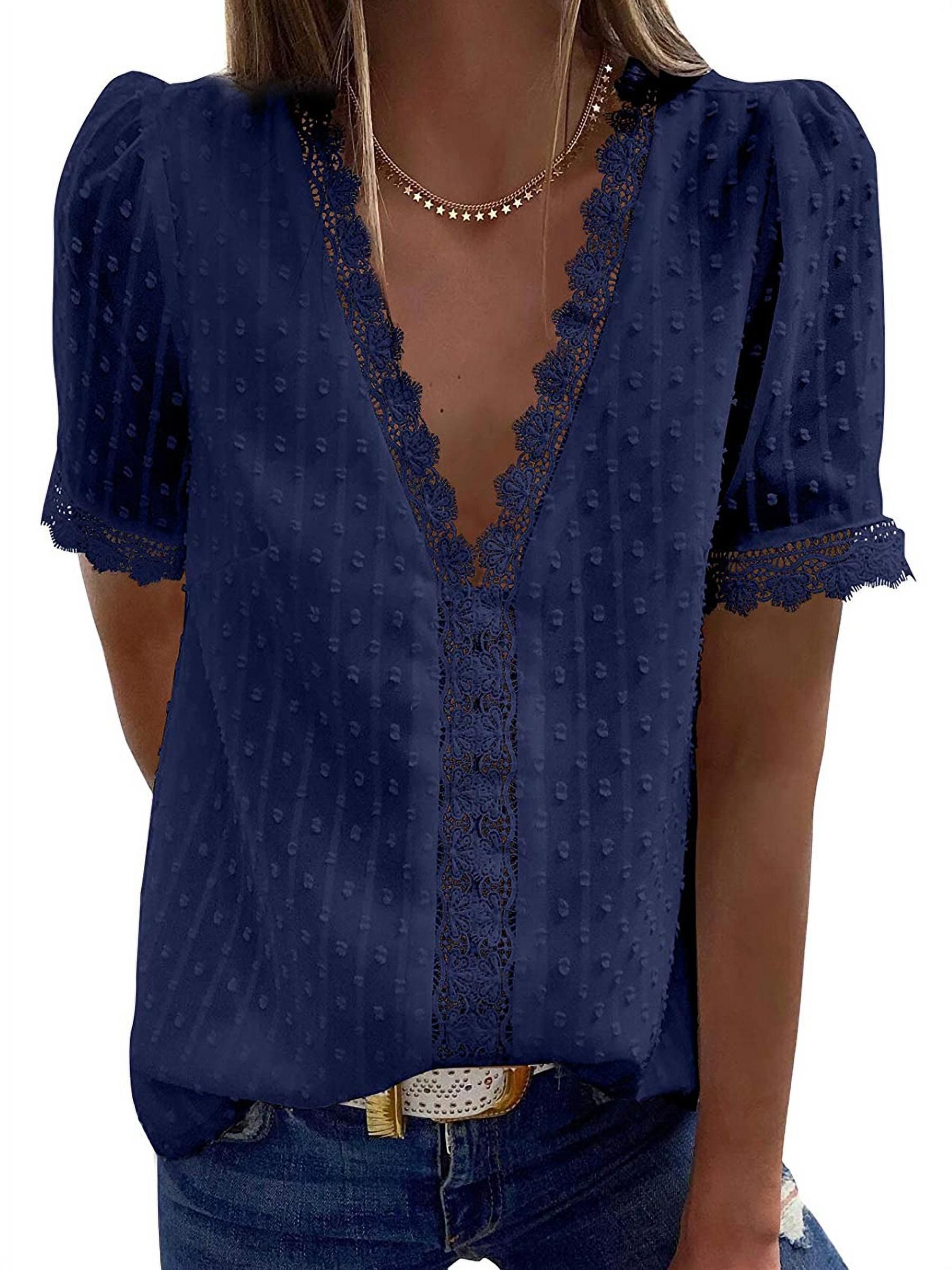 Arttop Women Summer V Neck Short Sleeve Lace Crochet Tunic Tops Flowy Casual Blouses Shirts | Walmart (US)